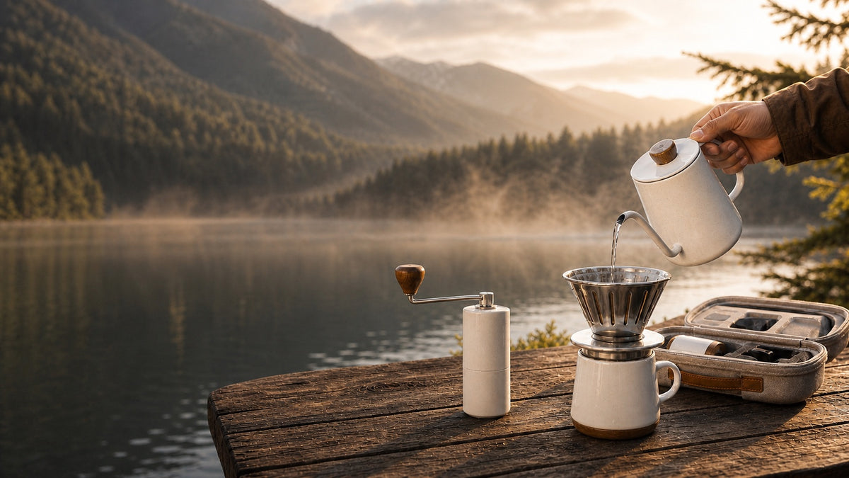 Premium portable pour-over coffee setup beside a mountain lake