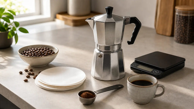 Guía de cafetera moka: proporción, molienda y filtro de papel