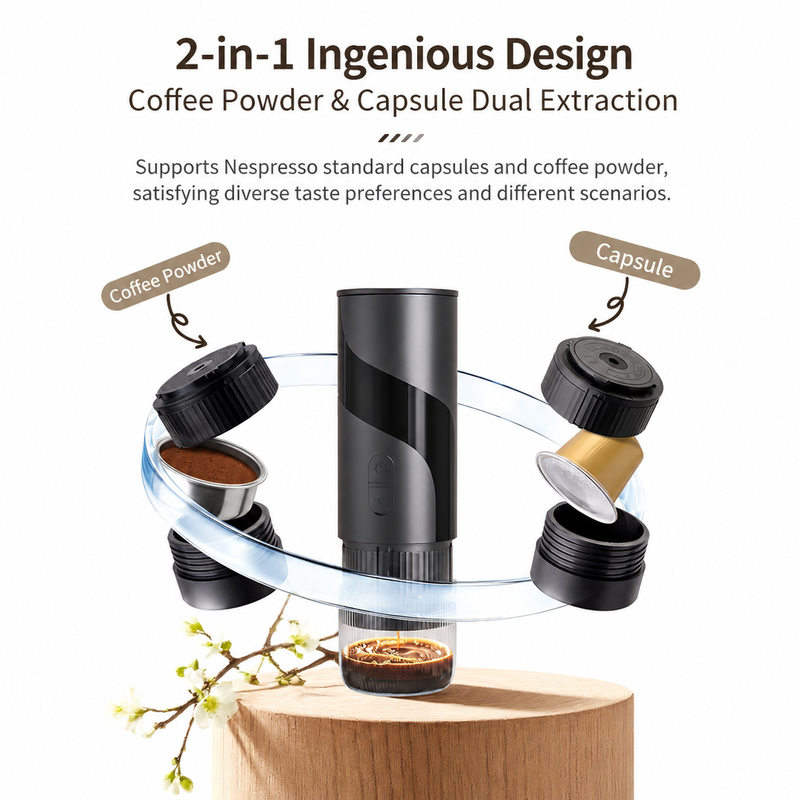 Yozcoffee Portable Espresso Maker 51mm 2-en-1 Terreno &amp; Cápsula Negro - imagen del producto