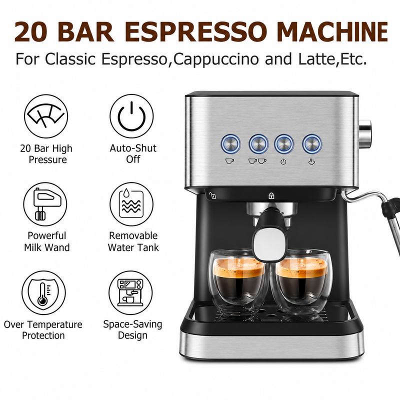 Máquina de café Yozcoffee Espresso 20 Bar 1,5L de acero inoxidable negro - imagen del producto