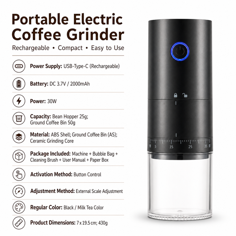 Molinillo eléctrico Yozcoffee USB-C con 38 ajustes y muelas cerámicas - imagen del producto