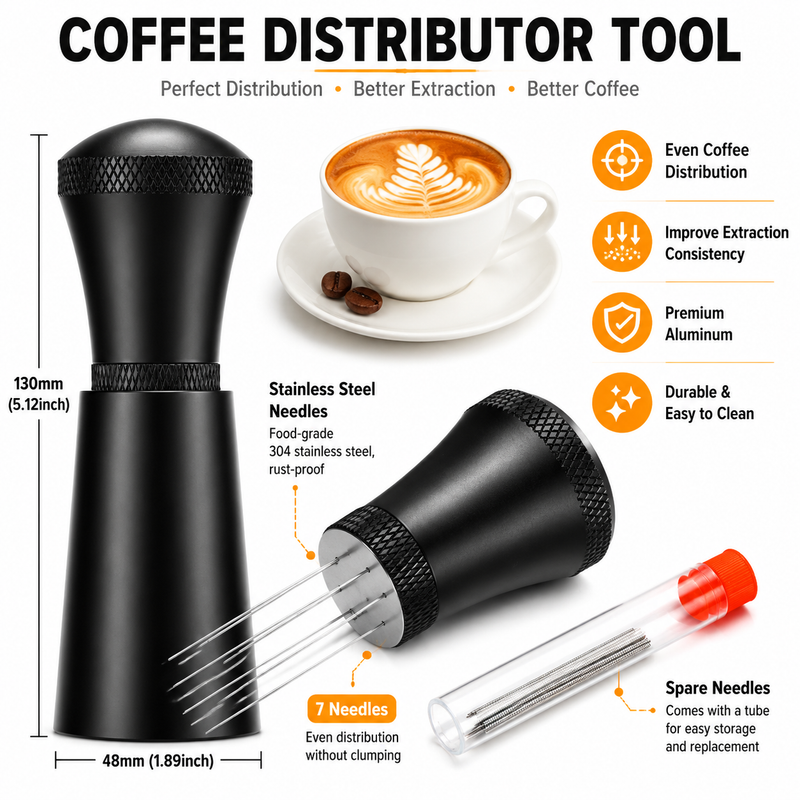 Herramienta de distribución WDT para espresso Yozcoffee con 7 agujas, aluminio, plata/negro - imagen del producto