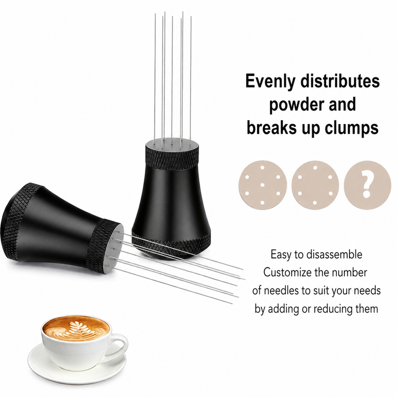 Herramienta de distribución WDT para espresso Yozcoffee con 7 agujas, aluminio, plata/negro - imagen del producto