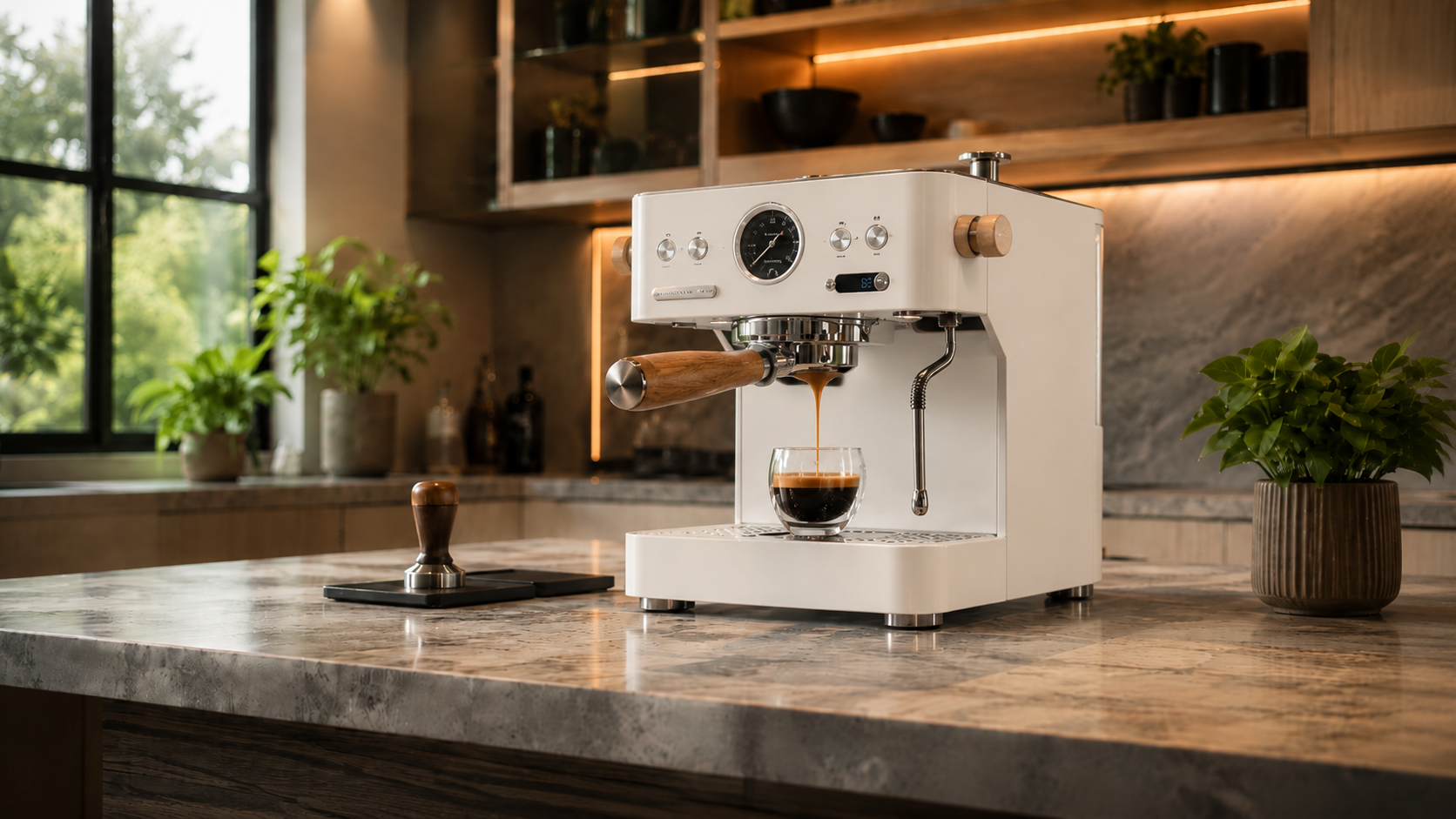 Bar de café de la mañana de Yozcoffee con máquina de expresso y vierte fresca